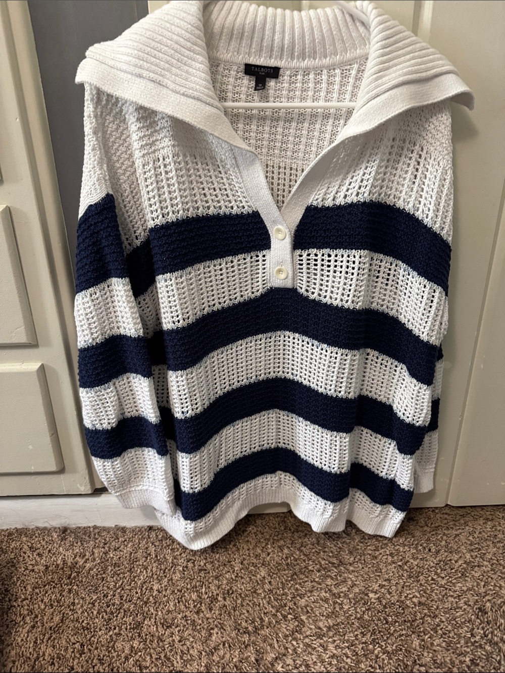 Talbots Navy and White Open-Knit Striped Pullover